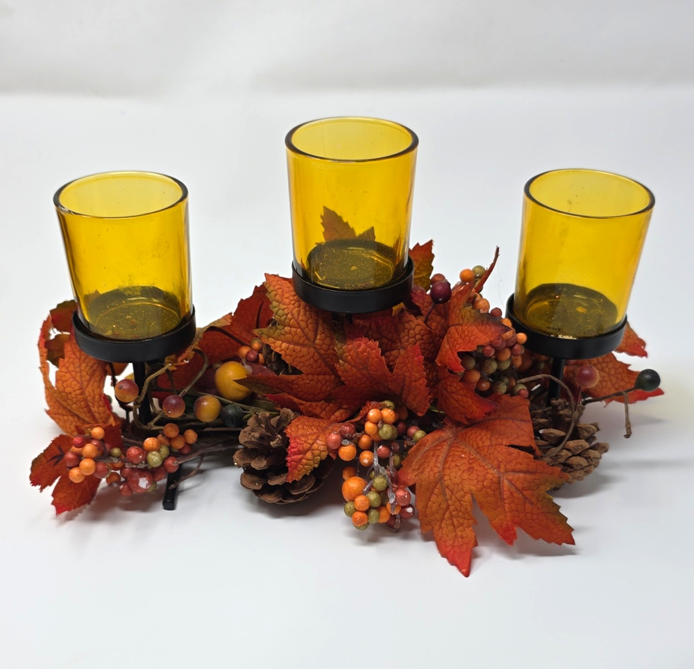 Fall Autumn Rustic Rectangular 3-Cup Amber Glass Candle Holder, Leaves Decor